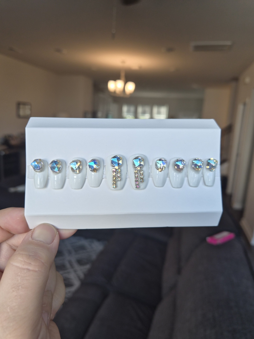White Press-On Nails with Iridescent Gems